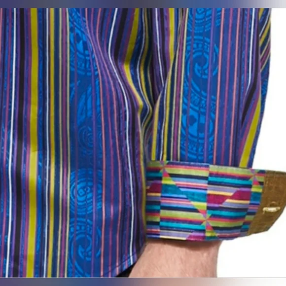 Robert Graham Shirt Blue Yellow Striped Paisley Abstract Flip Cuff Men's Sz L - Picture 2 of 11